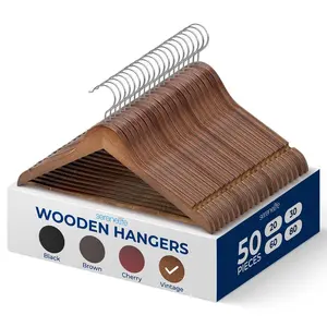 50 Pack Wooden Coat Hangers – Vintage | Heavy Duty Clothes Hangers with Pants Bar, 360° Swivel Hook & Smooth Finish - Space Saving Closet Organizer for Suits, Shirts & Jackets - Home Essentials