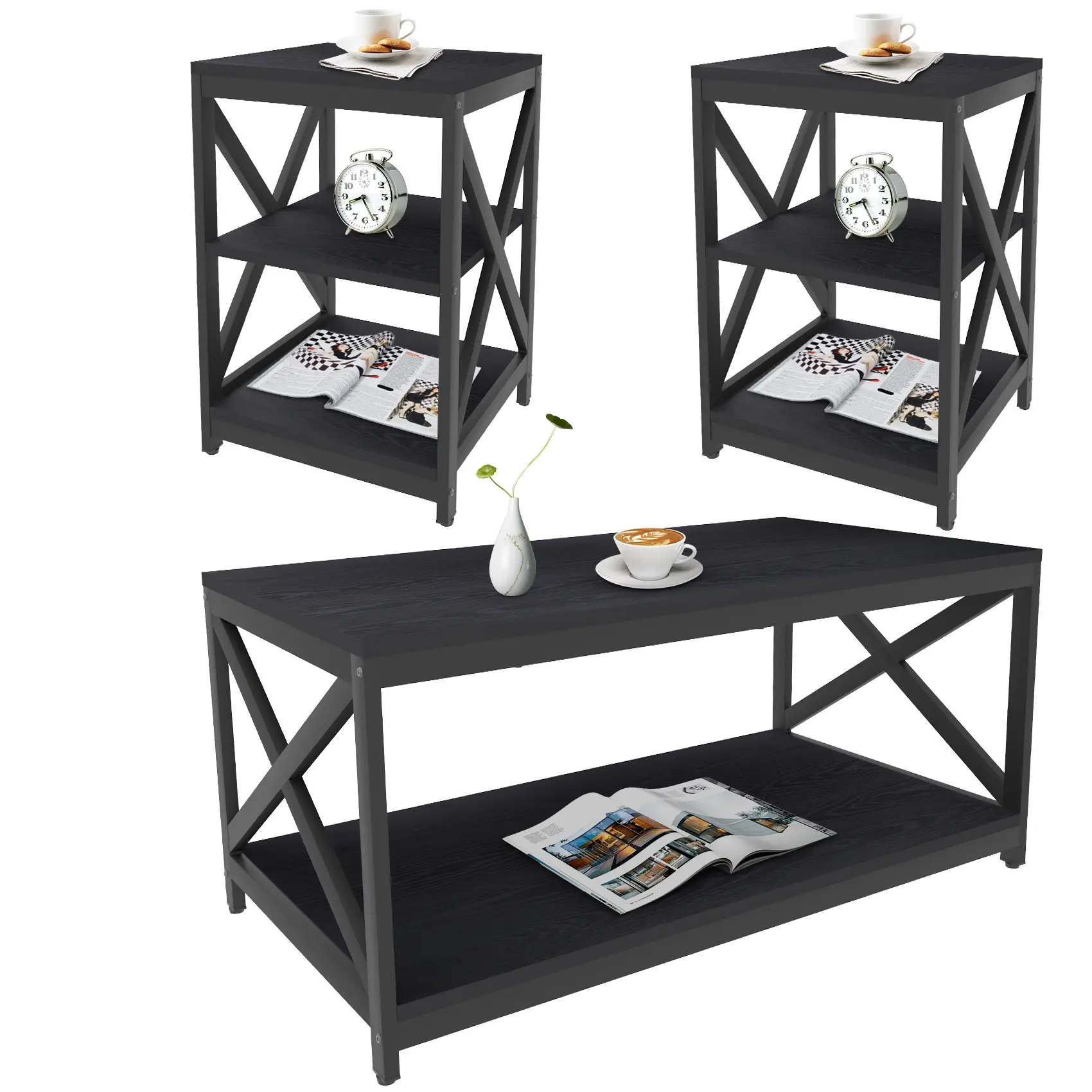 Living Room Coffee Table Set of 3, Industrial X-Design Coffee Table and 2 End Side Tables, 3 Piece Living Room Table Set with Large Storage for Apartment Home (Black)