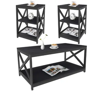 Living Room Coffee Table Set of 3, Industrial X-Design Coffee Table and 2 End Side Tables, 3 Piece Living Room Table Set with Large Storage for Apartment Home (Black)
