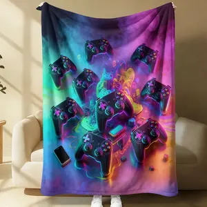 Cyberpunk Game Controller Cover Blanket, Neon Handle with Colorful Smoke Effect, Soft Flannel, Multi-Use, Perfect for Dorms and Bedrooms