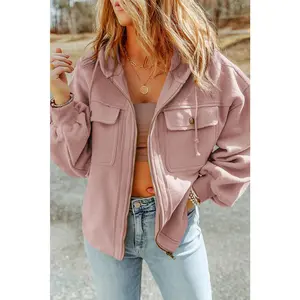 Pink Flap Pocket Drawstring Hood Zip Up Jacket