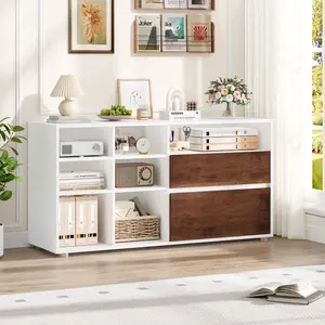 FOTOSOK 7 Cube Storage Organizer with Adjustable Shelf & Cable Management, Farmhouse Cube Bookcase with Drawer for Ofiice, White