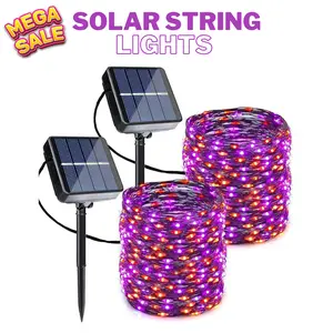 Orange Purple Halloween Solar String Lights - 2 Pack Total 80FT 240LED Solar Fairy Lights, Waterproof Outdoor Twinkle Lights with 8 Modes for Garden, Porch, Trees, Halloween Decor (Black Wire)