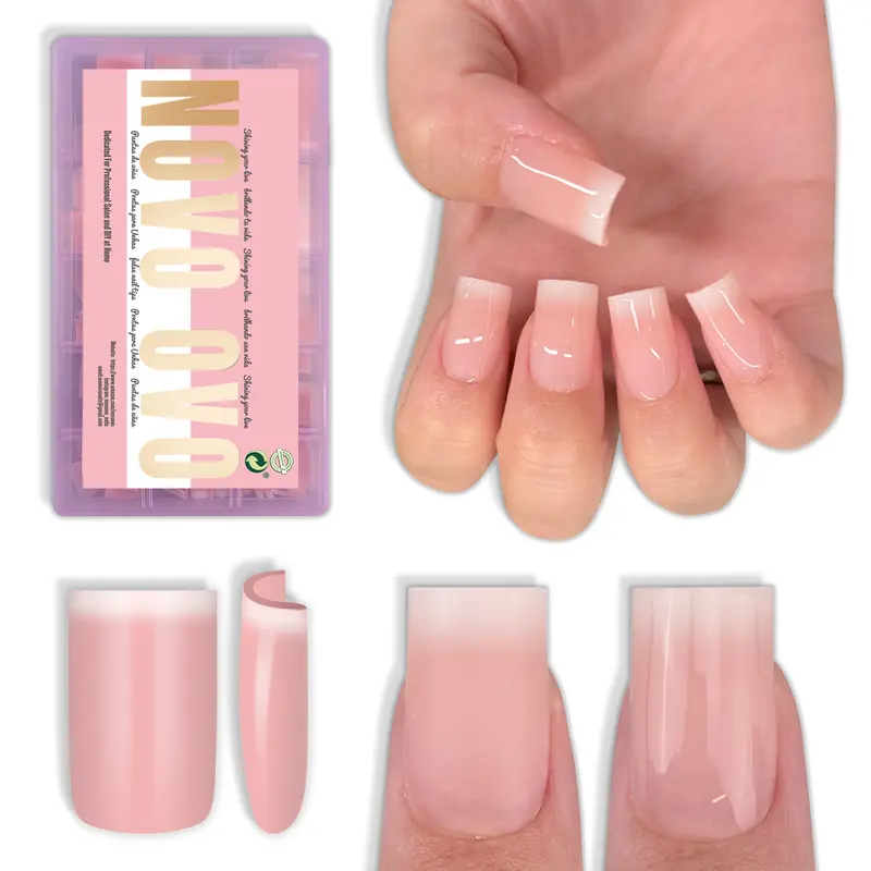 NOVO OVO Short Sharp Square White Soft French Tip Ombre/Micro Nail Tips Pink , Need Builder Gel Top Coat Nail Glue,Soft Gel Fake Nail Extension, Full Cover False Nails Salon DIY x15 Sizes 240 pcs