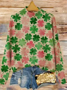 Women's Four-Leaf Clover Plant Colorblock Print Stand Collar Fitted Sweater, Fall Winter Casual Everyday Long Sleeve Knitwear, Comfortable Warm Clothing