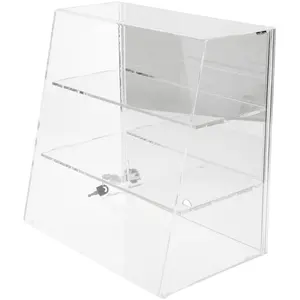 Plymor Clear Acrylic Locking Display Case with Slanted Front and Sliding Back, 2 Flat Shelves (Mirrored)