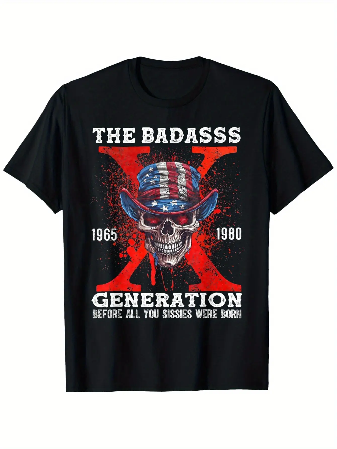 Retro Gen X T-Shirt with a Tough Guy Graphic - Featuring a Retro Skull And American Flag Design, Representing The Tough Guy Generation Born Between 1980 And 1985. , Loose Fit, Unisex, Sizes XL-5XL, Plus Size