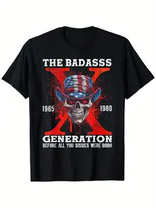 Retro Gen X T-Shirt with a Tough Guy Graphic - Featuring a Retro Skull And American Flag Design, Representing The Tough Guy Generation Born Between 1980 And 1985. 100%, Loose Fit, Unisex, Sizes XL-5XL, Plus Size