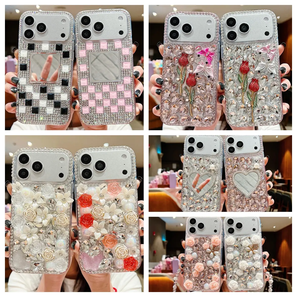 【De Yi】Luxury Bling Phone Case For iPhone 16 17 Series 3D Floral Rhinestone With Makeup Mirror Sparkly Glitter Protective Case Diamond Cute Aesthetic for Women Girls