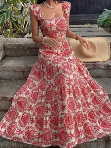 Women's New Elegant Casual Bohemian Boho Resort Style Square Neck Ruffle Sleeve Tie Front Tank Top Two-Piece Set, Printed Flowy Skirt