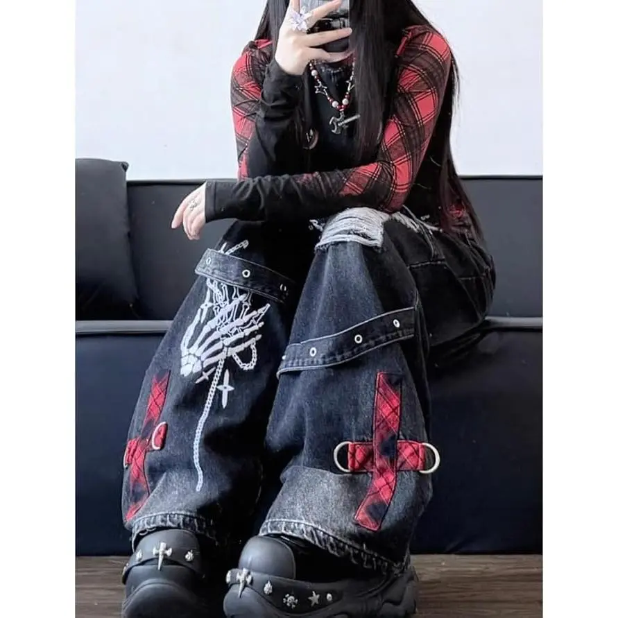 Xojbzoo Women's High-Waisted Baggy Ripped Washed 2000s Jeans