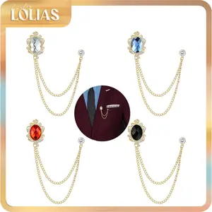 LOLIAS 4PCS Gemstone Brooch Set - Durable Metal Pins, Lapel Pins, Chain Tassel Collar Clips for Male Daily Plain Suits, Shirts, Tuxedos, Father's Day Fashion Accessory
