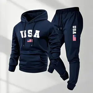 Men's USA Letter Printed Hoodie & Drawstring Sweatpants Set Casual Athletic Long Sleeve Hooded Jacket & Trousers for Fall Winter Spring Autumn 100% Polyester Tracksuit Athleisure