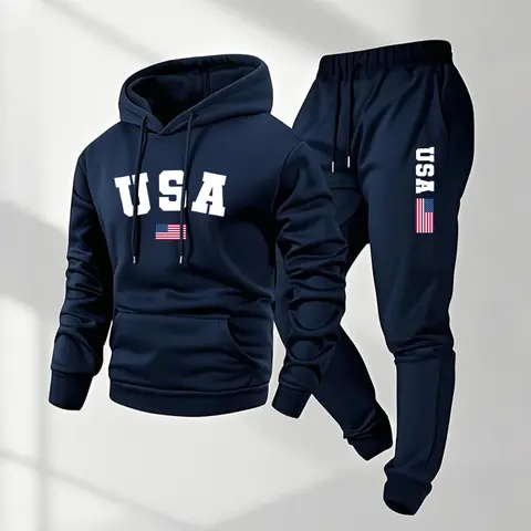 Men's 2-Piece Casual Sport Tracksuit Outfit - Loose-Fit Polyester USA Letter Print Hoodie, Drawstring Waist Long Sleeve Sweatpants, Minimalist Sporty Chic, Machine Washable, Home Use, Mensfashion, Easy Matched Set, All Seasons, 2XL Menswear Sets