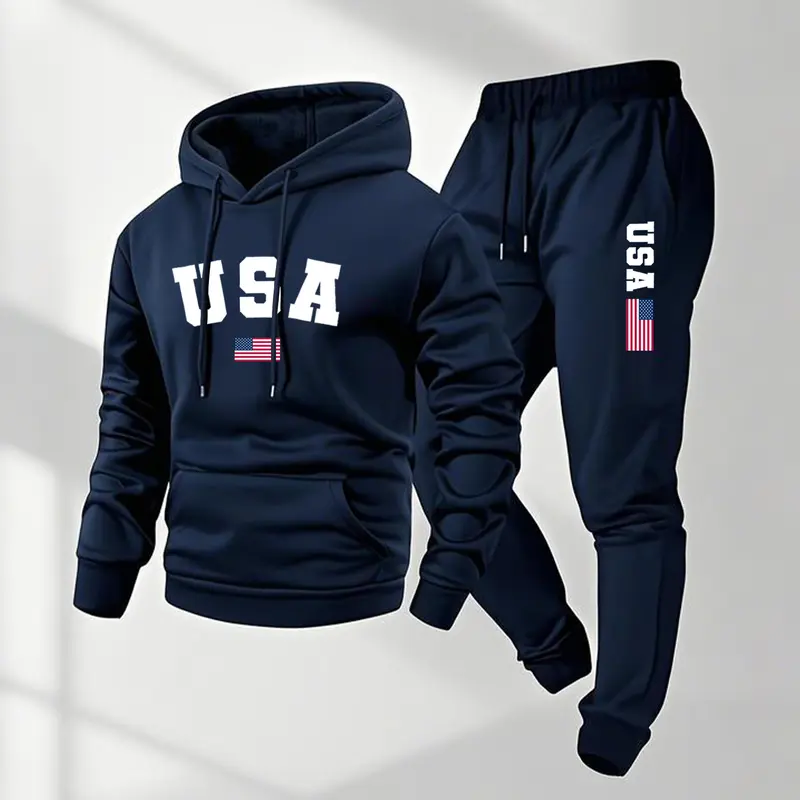 Men's 2-Piece Casual Sport Tracksuit Outfit - Loose-Fit Polyester USA Letter Print Hoodie, Drawstring Waist Long Sleeve Sweatpants, Minimalist Sporty Chic, Machine Washable, Home Use, Mensfashion, Easy Matched Set, All Seasons, 2XL Menswear Sets