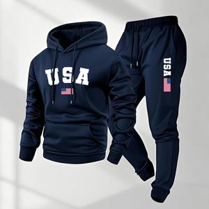 Men's 2-Piece USA Letter Printed Hoodie & Drawstring Sweatpants Set - Casual Athleisure Long-Sleeve Hooded Outfit, 100% Polyester Sweat Suits, Tracksuit for Fall, Winter, Tracksuit Outfit