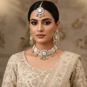 Classic White Kundan Stones and Imitation Pearls Choker Necklace with Tikaa and Earrings for Elegant Traditional Look