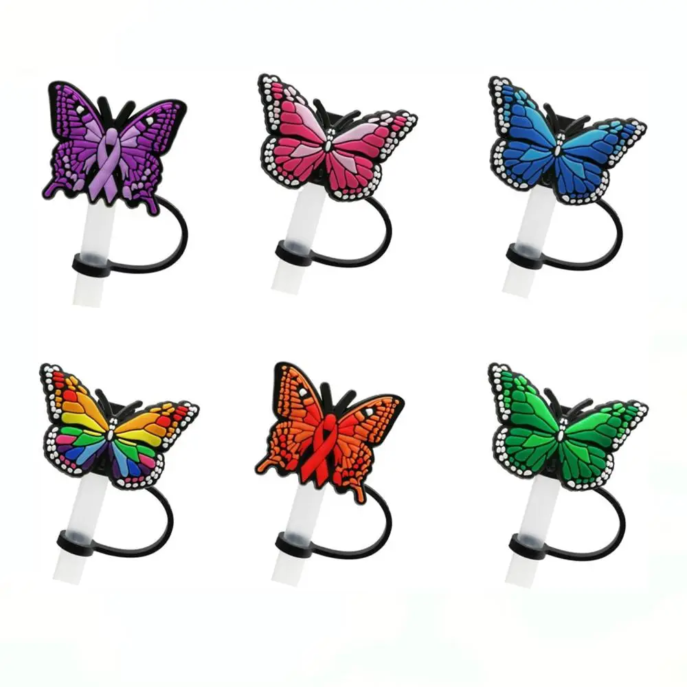 Mini Essential Items Reusable Butterfly Design Silicone Straw Cover Cap without Straw, 6pcs Assorted Color Dustproof Water Bottle Straw Top Cover for