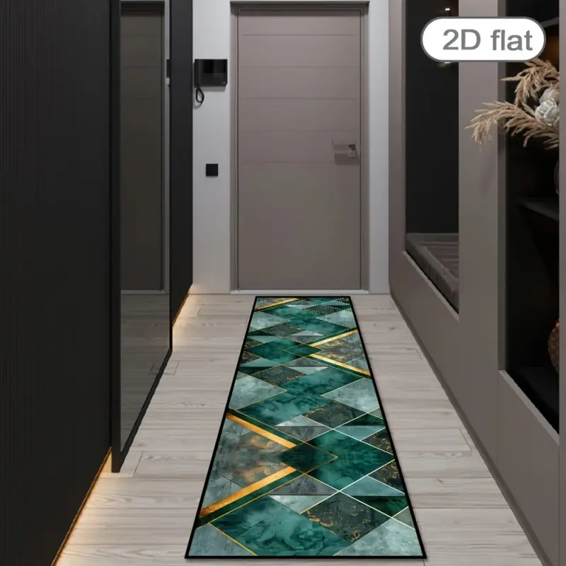 Velvet Long Runner Rug, Green Marble Geometric Hallway Rug, Non Slip Thin Entryway Carpet for Kitchen Bedroom Decor