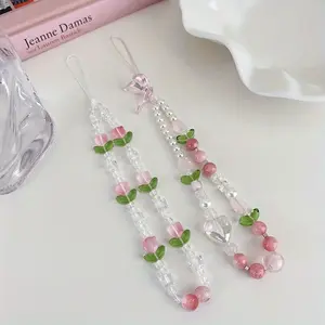 Cute Peach Beaded Mobile Phone Charm Strap Chain, Women Sweet Girls Jewelry, Pearl Cellphone Flower Lanyard for iPhone Keychain Smartphone