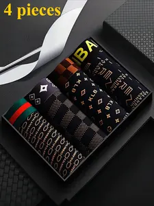 Men's Anti-Bacterial Comfortable Breathable Underwear, Geometric Letter Pattern, Fitted Street Style, All Seasons Wear, 4 Pieces Boxer Briefs Set