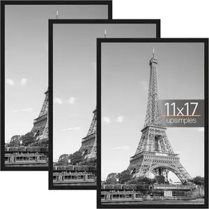 Picture Frame Black 3 Pack 11x17 Scratch-Proof 11 x 17 Poster Frames Photo Gallery Slide-In Strips Horizontal or Vertical Wall Mounting