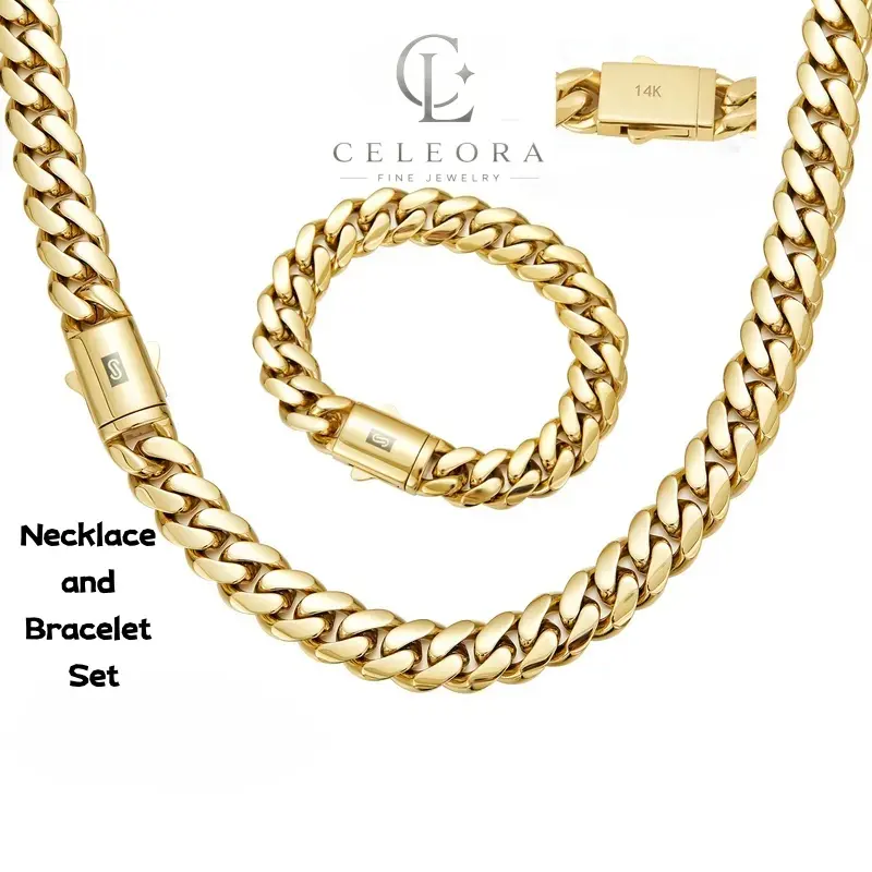 14K Gold-Plated 14mm Sweat-Safe Stainless Steel Miami Hip-Hop Cuban Link Jewellery Gift Set - Vacuum Electroplated, Rust-Proof, Tarnish-Proof Unisex Men's Necklace & Bracelet for Daily Wear, Christmas Gifts