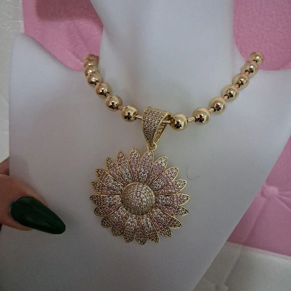 Adjustable 18 Bead Chain with Sunflower pink  pendant 14 k gold  laminated