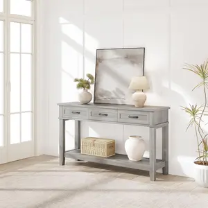 Farmhouse Console Table  Grey Entryway Table with 3 Drawers,with 3 Drawers & Open Storage Shelf – 2-Tier Wooden Sofa Table – Ideal for Entryway, Living Room, Hallway or Foyer