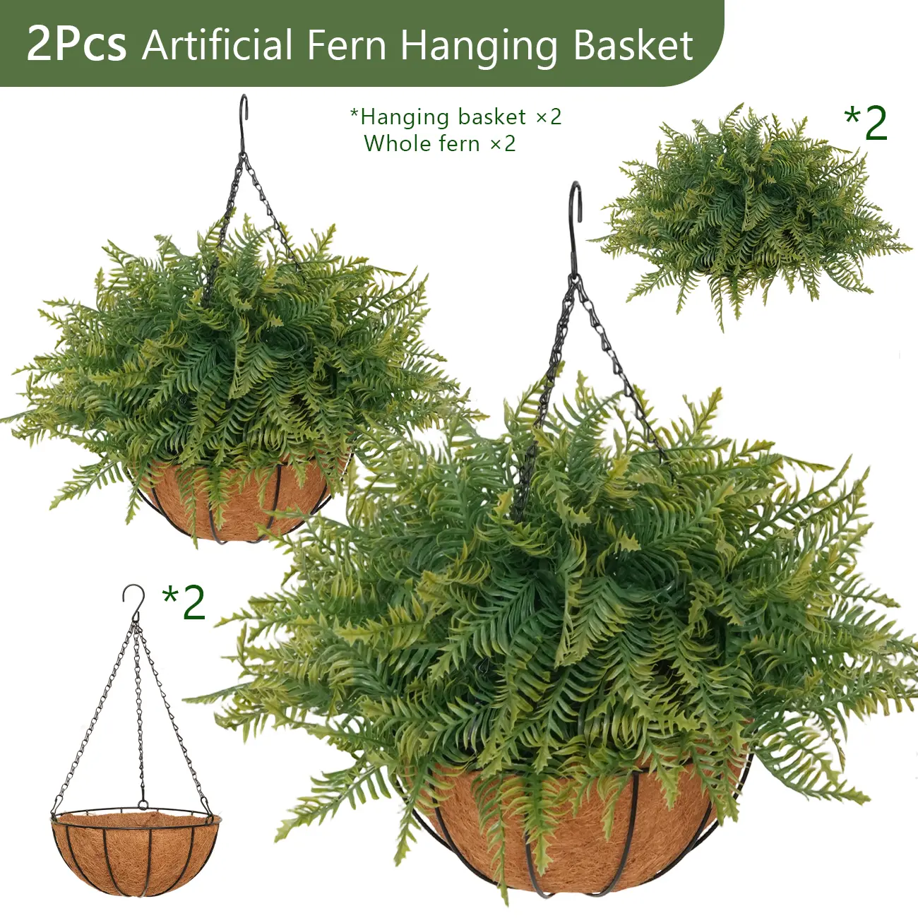 2 Set Artificial Hanging Fern Plants Outdoor Fake Hanging Ferns Planter, Includes Hanging Flower Basket And Artificial Fern, UV Resistant Faux Fern Plant Basket For Outdoors Patio Garden Home Decor summerwins