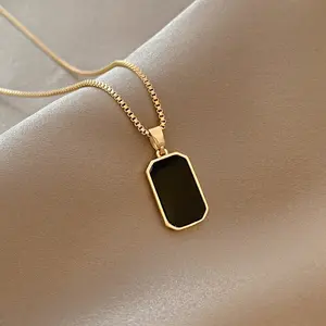 14k Golden Plated Titanium Steel Black Square Tag Letter Pendant Necklace, Full of Retro Flavor, an Excellent Item for Women's Sweater Chains