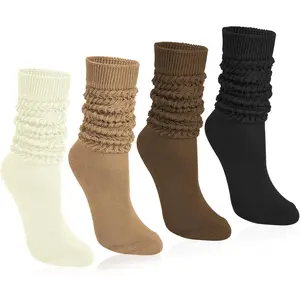 4 Pairs Slouchy Socks for Women, Slouch Scrunch Boot Long Knee High Knit Tube Athletic Womenswear Basic Black Brown Beige Khaki Minimalist socks women