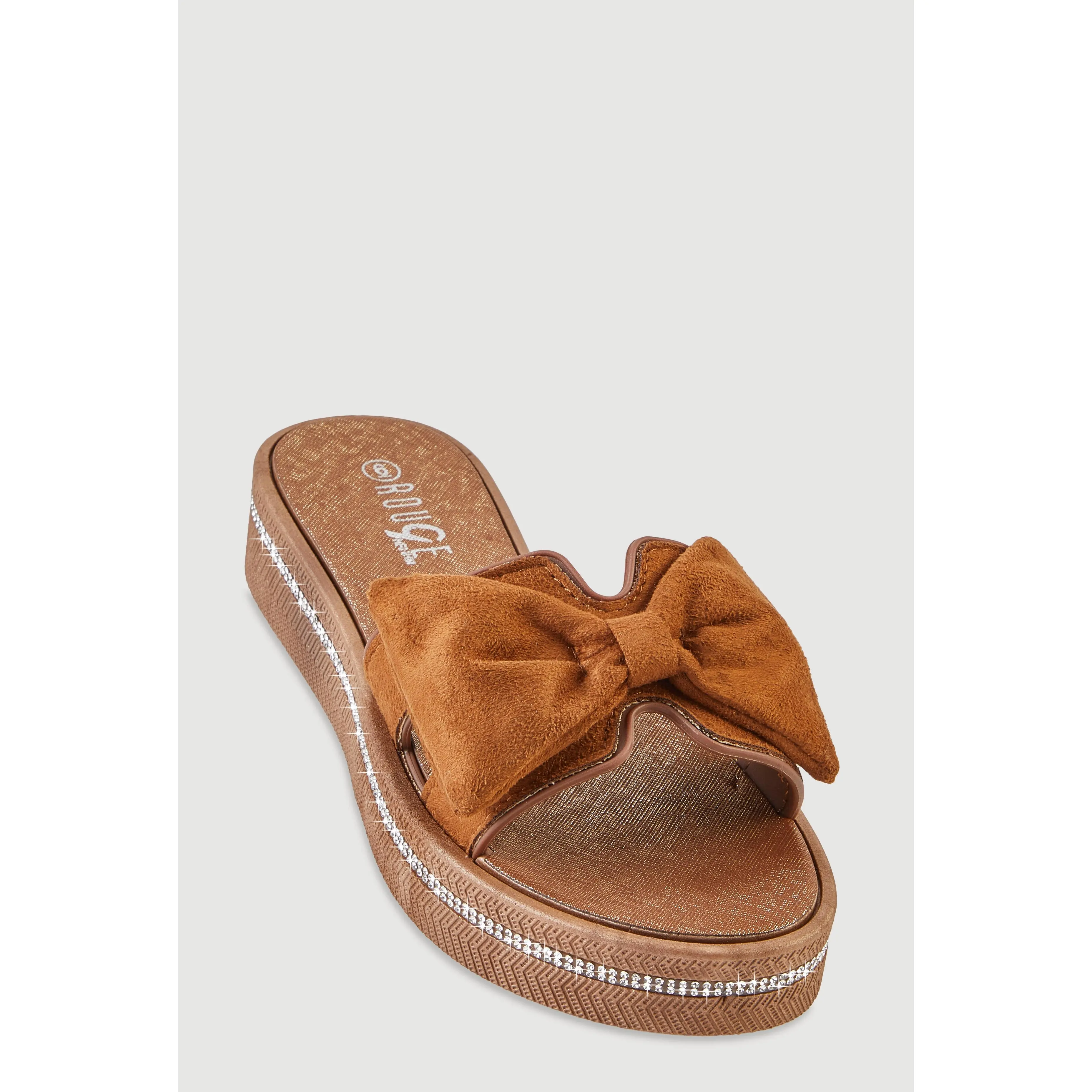 Bow Detail H Band Slide Sandals with Rhinestone Trim