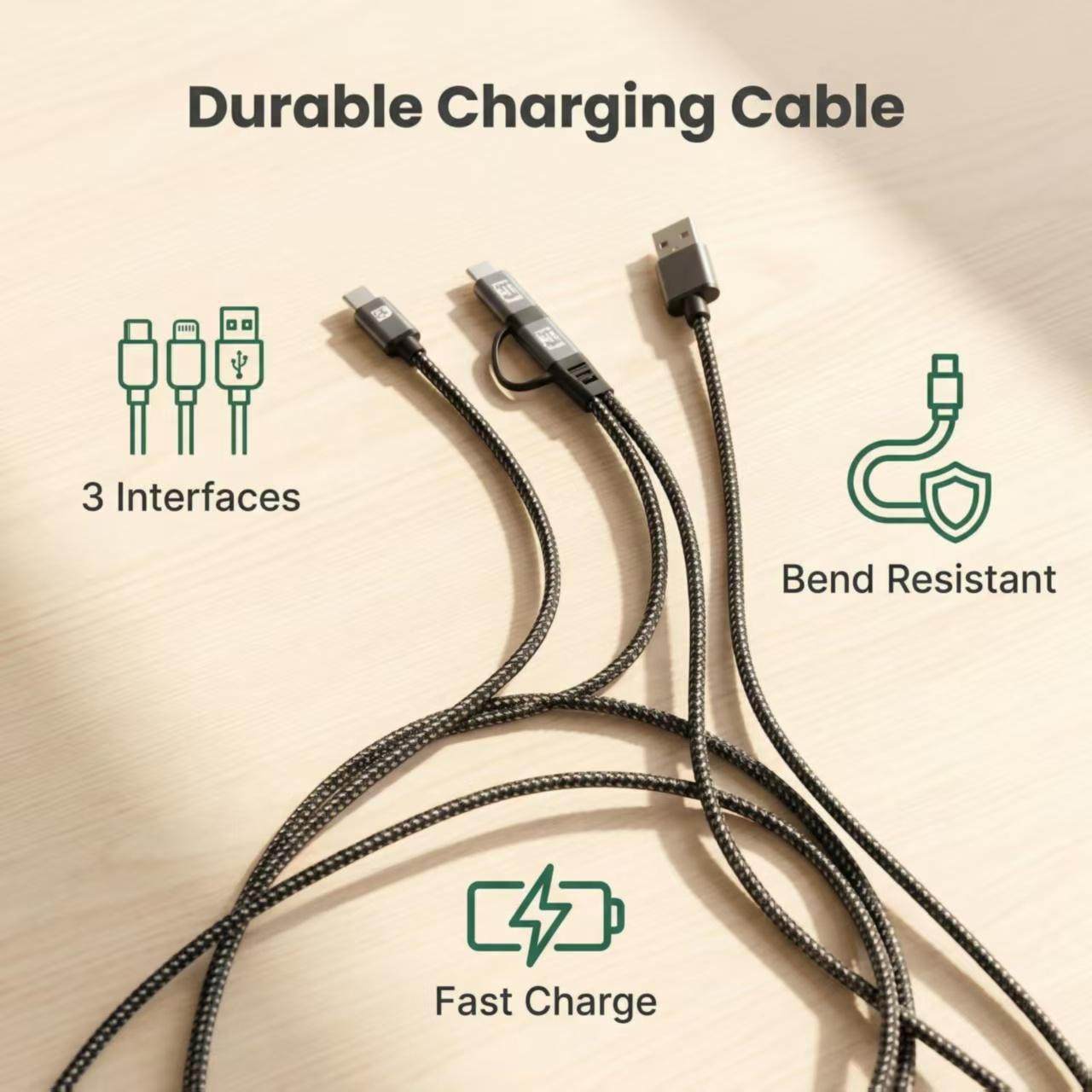 3-in-1 Fast Charging Cable, Nylon Braided USB Charger Cord with Type C & Lightning, Universal Phone Charger for iPhone 15/14/13 Pro Max, Samsung Galaxy, Android & iPad.Bend resistant. Heavy duty cable.Long charging cable 1.5m