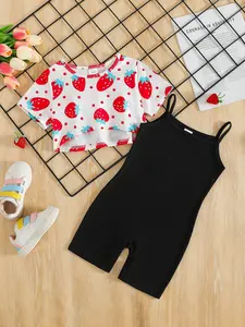 Coviviky Girls Summer Sweet Fashion Two-Piece Set, Strawberry Print Short Irregular Top with Solid Color Jumpsuit for Daily Wear