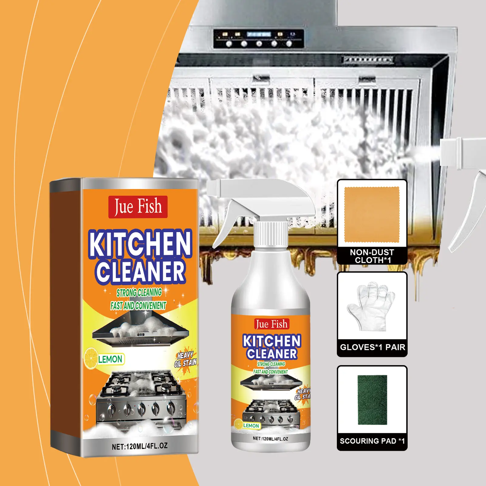 Jue Fish Household Heavy-Duty Concentrated Cleaner Set - Sudsy Kitchen Cleaners for Range Hoods, Stovetops, Effective Stain Removal for Heavy Grease, Tough Dirt, 66 Scrubbing Pads