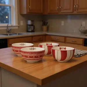 360 stand 6 in. Round Red & White Ceramic Candy/Nut Bowls - Set of 4, Stylish Ornament Print Dinnerware for Christmas Holiday Serving, Durable Kitchenware Ceramic Dish, Kitchenware Ceramics