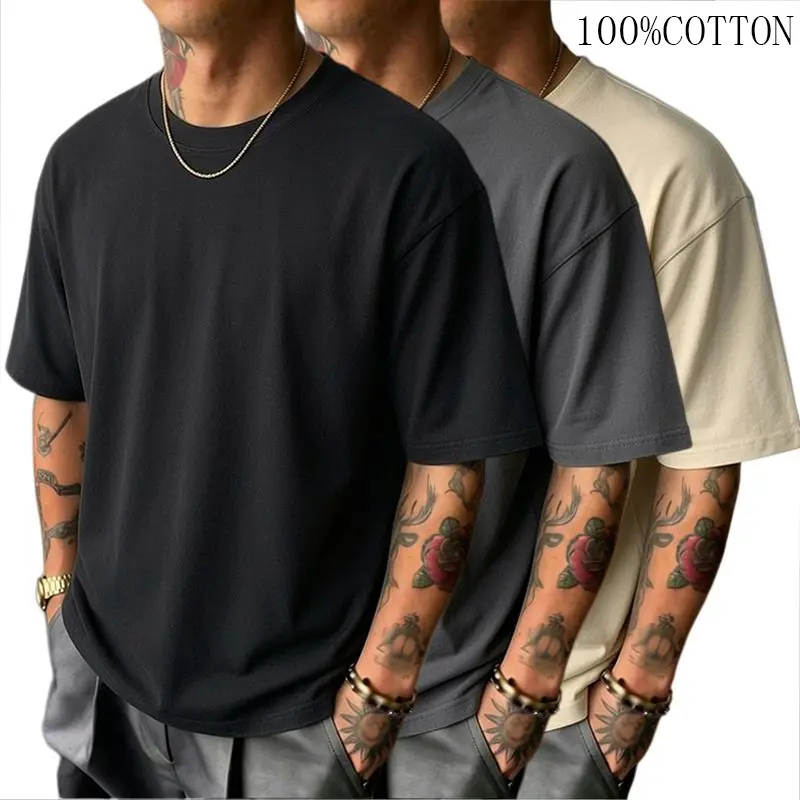 Men's 3-Pack 100% Cotton Basic Classic Ribbed Oversized Plain Vintage Loose Short-Sleeve Round Neck T-Shirts - Streetwear Casual Summer Fabric Tops, Menswear Clothing