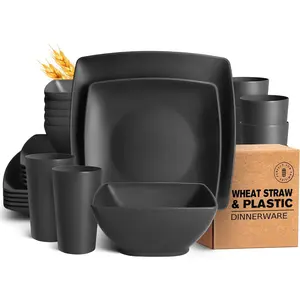 24- Plastic Wheat Straw Square Dinnerware Set for 6, Unbreakable Dinner Plates, Salad Plates, Snack Bowls, Tumblers 13.5 oz, Dishwasher Safe, Black