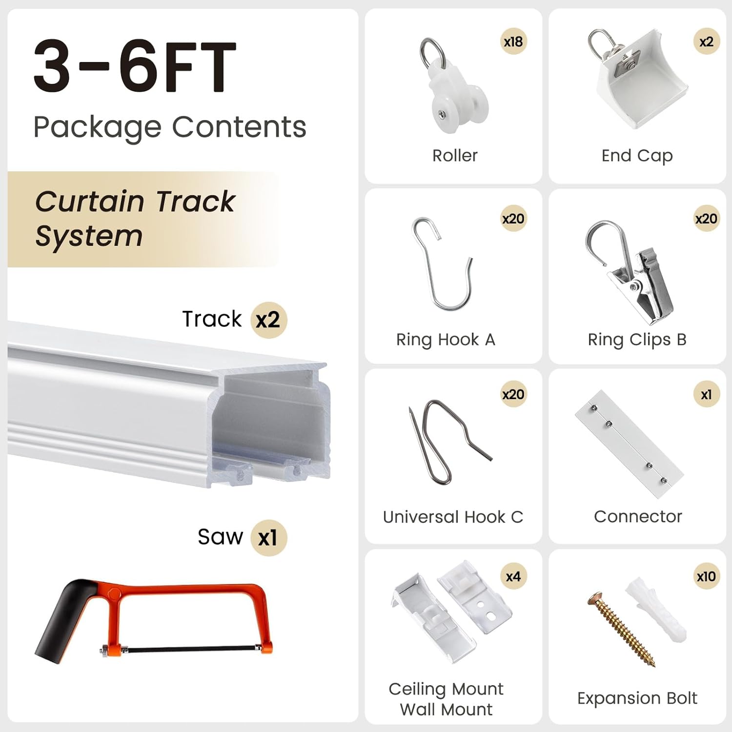 Inovaday Ceiling Curtain Track Heavy Duty Tracks Ceiling/Wall Mount Sliding Room Divider Silent Rail with 3 Types of Hooks for Living Room,Bed Room,Bathroom