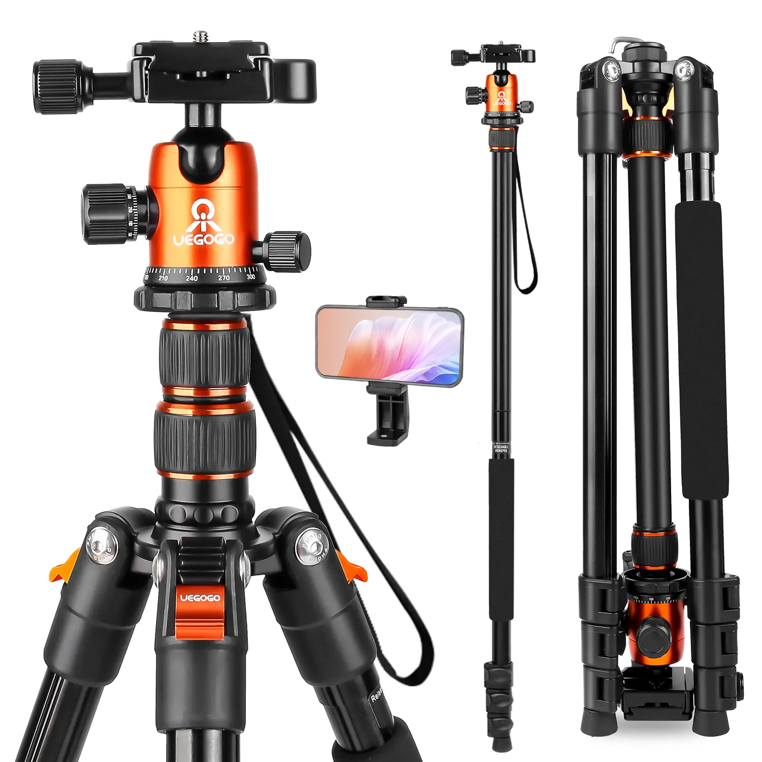 UEGOGO 83-Inch Alloy Camera Tripod, Long Exposure Tripod, Lightweight Outdoor Travel Tripod with Reversible Center Column for Low-Angle Shooting, 360° Ball Head, Bubble Level, 8kg/17.6lbs Load Capacity, Phone Clip for Smartphones