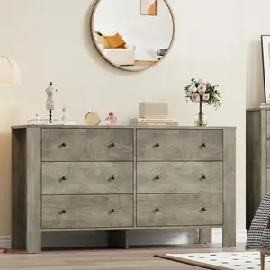 Gray Dresser for Bedroom Large 6 Drawer Dresser with Deep Drawers Metal Knobs Modern Wooden Double Chests of Drawers for Kids Bedroom Entryway Hallway