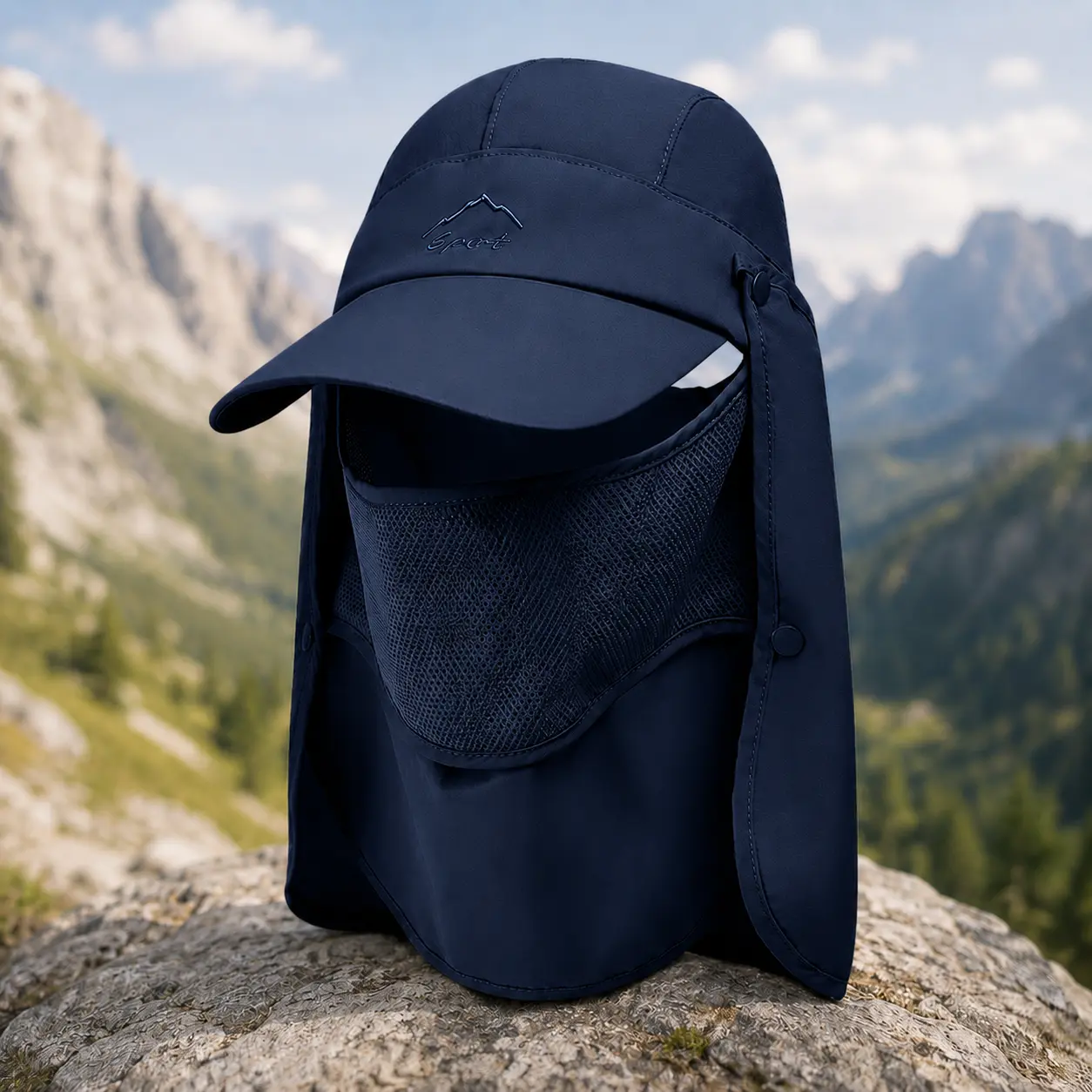 Adjustable Foldable Detachable Snap-Button Sun Protection Hat with Neck Flap, Face Cover - Breathable Lightweight Quick Dry Outdoor Hat for Men, Biking & Fishing, 55–60 Cm, Wide Brim, Outdoor Hikes, Adults, Quick-Dry Fabric, Nylon, Male, Hiking Hat, Outdo