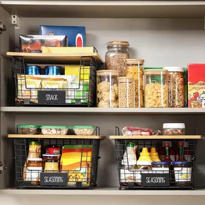 Bamboo Stackable Wire Basket Set - Kitchen Counter, Pantry Organizer & Storage - Multicolor for Produce, Onion, Potatoes, Veggies, Bread & Snacks