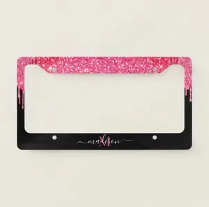 Black & Hot Pink Magenta Glitter Dripping Monogram License Plate Frame – Sparkling Custom Car Accessory, Stylish Personalized Gift