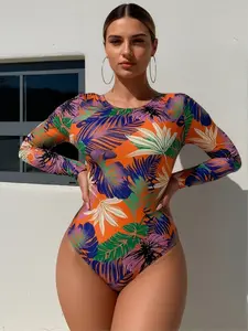 Women's Rash Guard Swimsuit, Long-Sleeve Tropical Leaf Print Halter Monokini with Metal Accent, Surfwear for Extra Coverage
