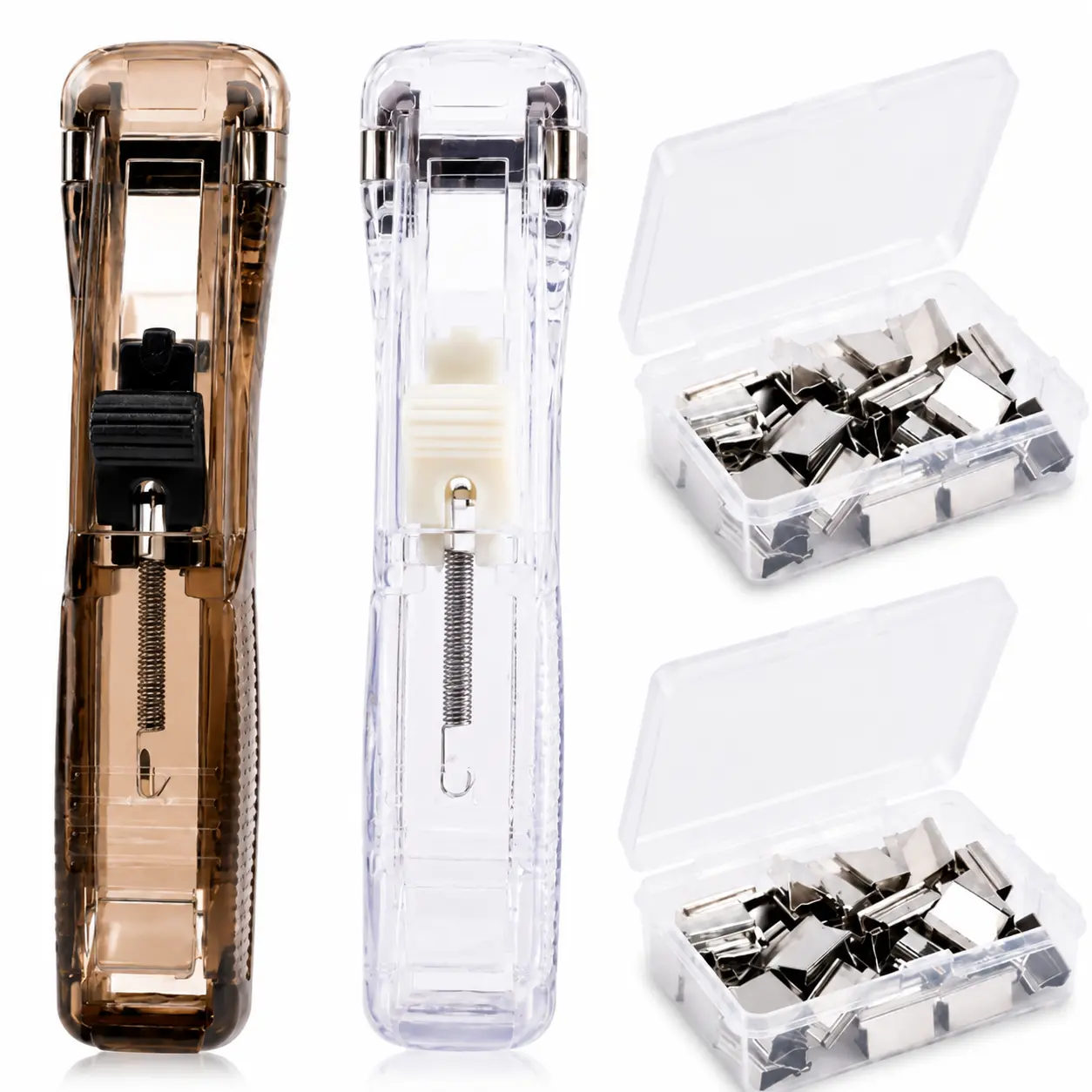 2 Pack Creative Push Stapler, Reusable Stapleless Paper Clip Dispenser with 100 Stainless Steel Refill Clips, 40 Sheet Capacity Paper Clamp Tool for Office & School Supplies
