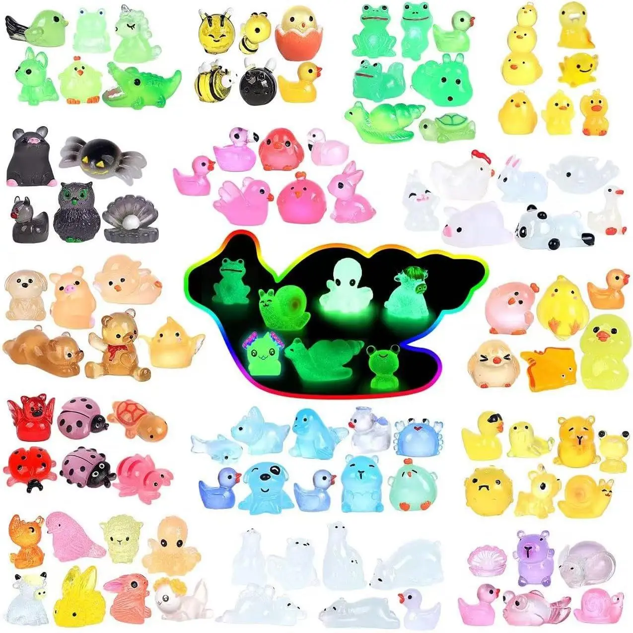Glow-in-the-Dark Plastic Mini Duck Figurines Set (100 Count, 100 Styles) - Cute Collectibles, Sheep Ornaments, Party Favors, Slime Charms, Home Decor for Fairy Garden, Aquarium Gifts