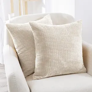 Deconovo Corduroy Throw Pillow Covers（Set of 2）Square Cushion Cover with Stripes Cases for Bedroom Sofa Living Room Couch
