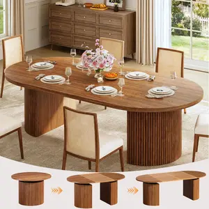 Extendable Round Dining Table for 4-8, 39in-77in Long Large Kitchen Table with Fluted Base, Space Saving Modern Farmhouse Oval Dinner Tables for Dining Room, Kitchen, Living Room, Brown
